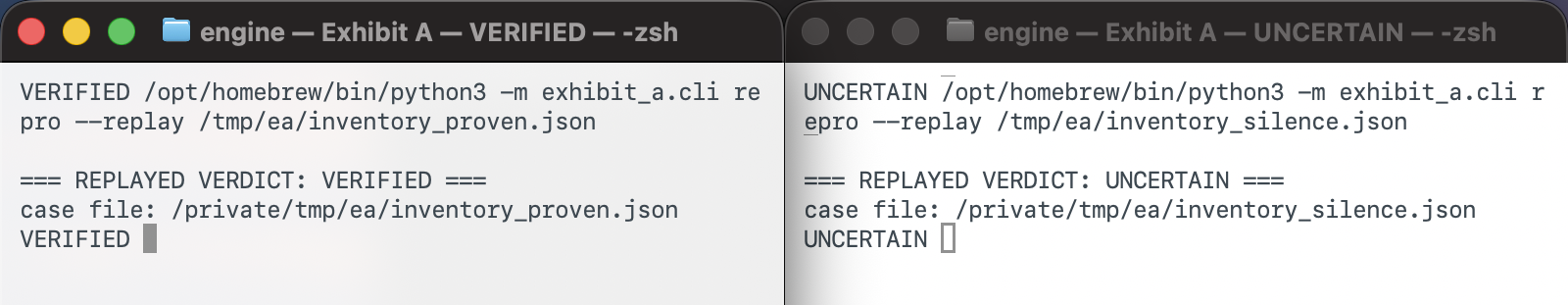 Two real sealed Case replays: inventory_proven ends VERIFIED, while inventory_silence ends UNCERTAIN.